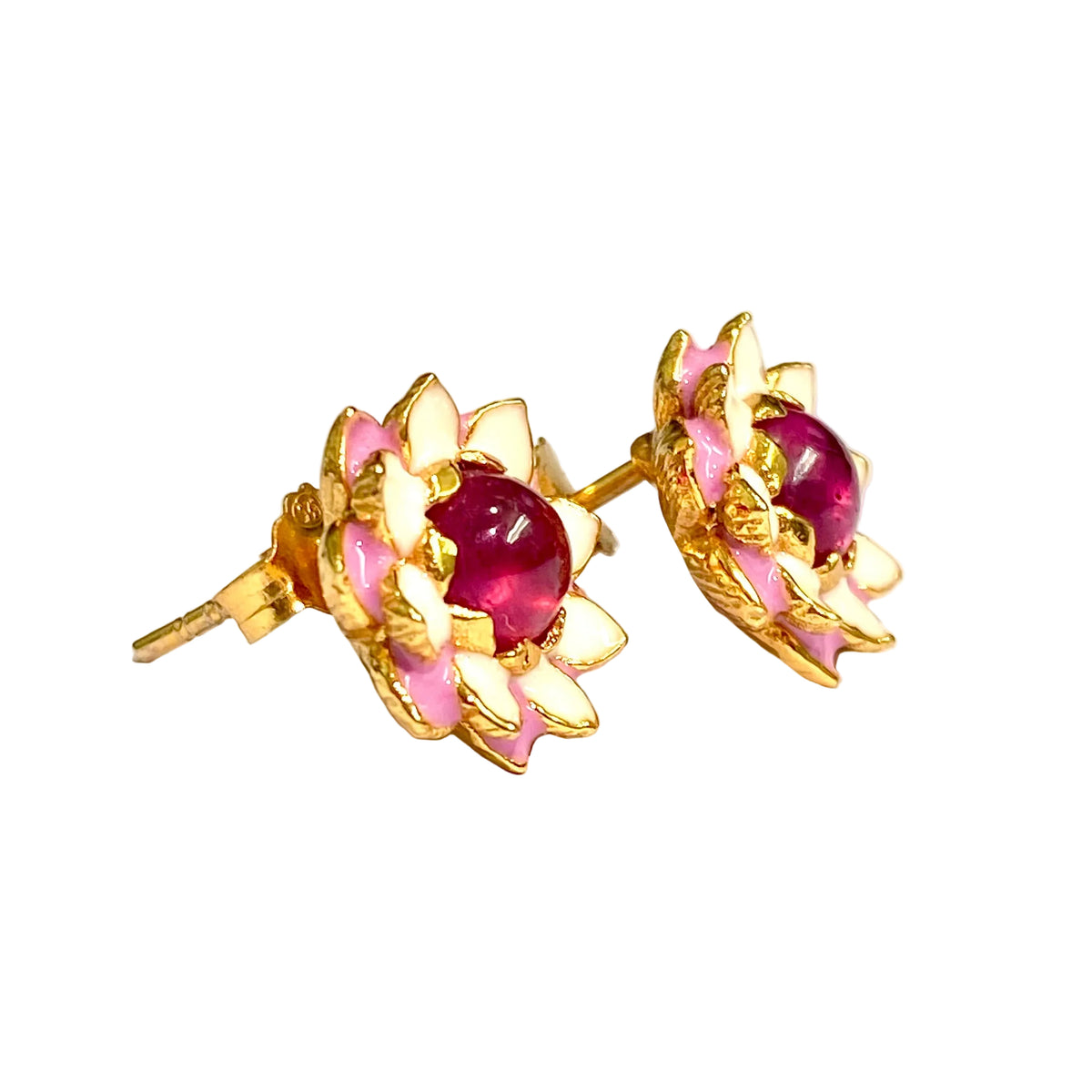 Sterling Silver Gold Plate Enamel Ruby Flower Stud Earrings