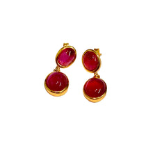Sterling Silver Gold Plate Ruby Cabochon Stud Drop Earrings