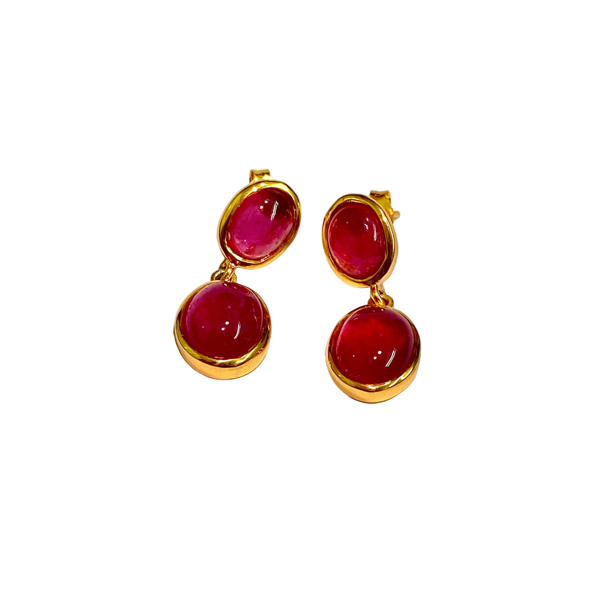 Sterling Silver Gold Plate Ruby Cabochon Stud Drop Earrings