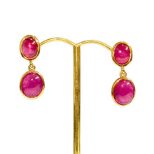 Sterling Silver Gold Plate Ruby Cabochon Stud Drop Earrings