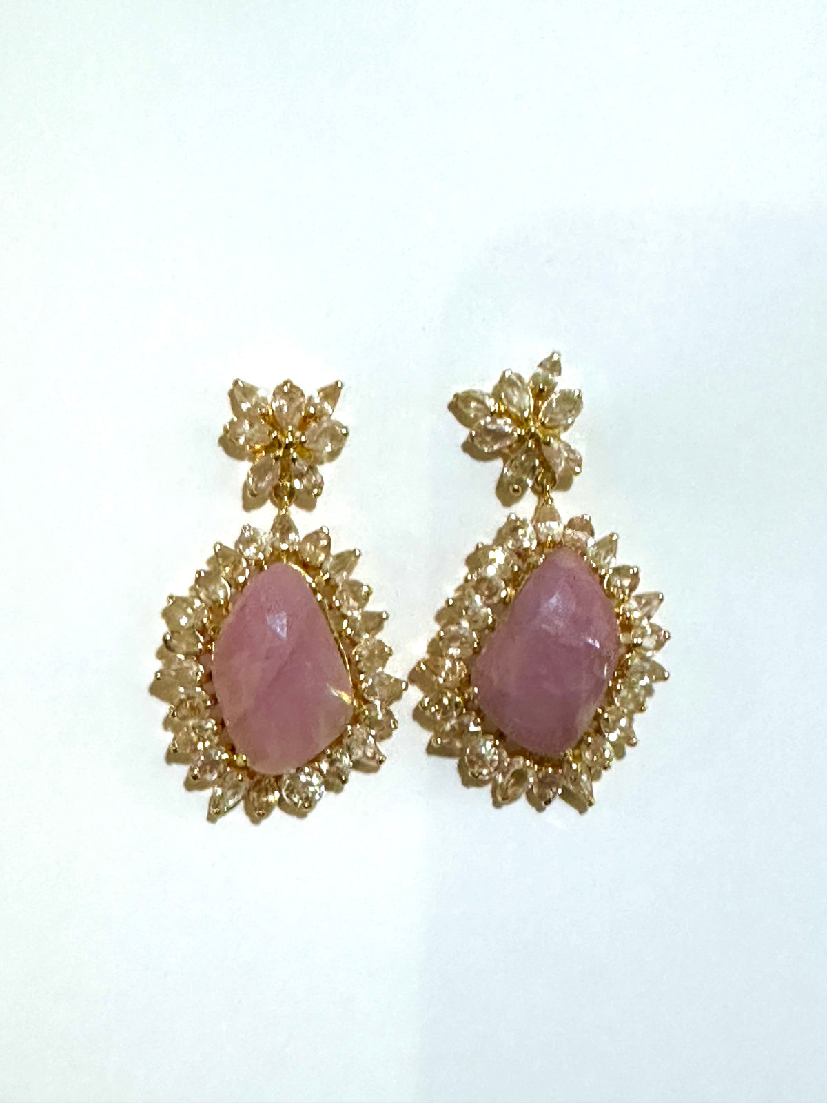 Sterling Silver Gold Plate Rose Cut Ruby and White Topaz Drop Earrings