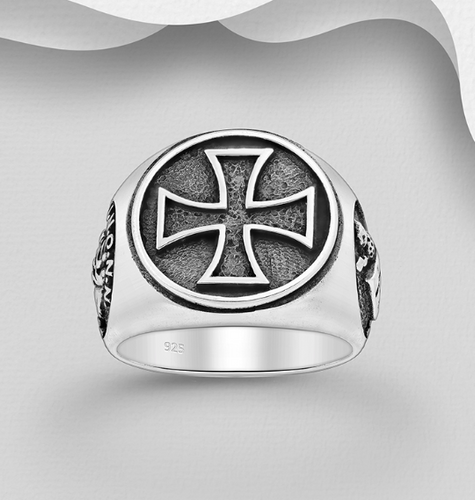 Sterling Silver Oxidised Templar Cross Signet Ring