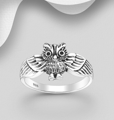 Sterling Silver Oxidised Owl Ring