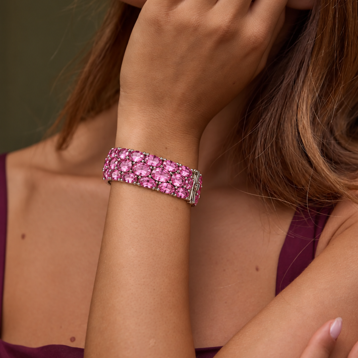 Sterling Silver Natural Pink Topaz Hinged Bangle