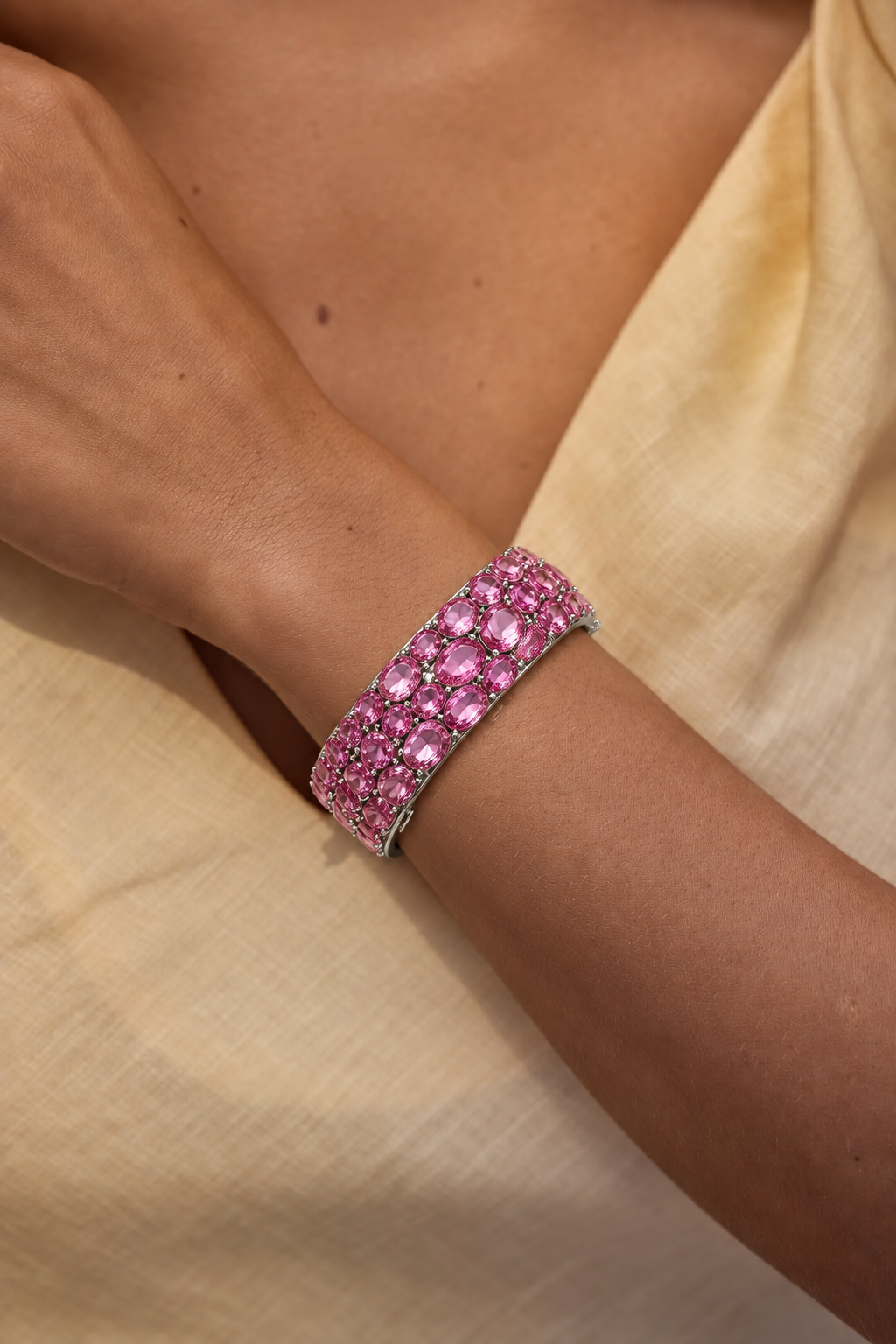 Sterling Silver Natural Pink Topaz Hinged Bangle