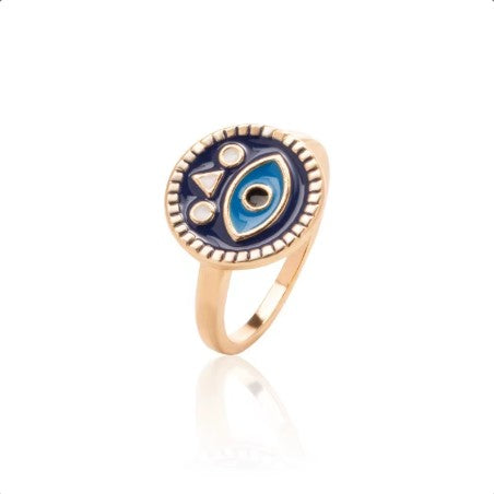 Gold Plated Navy Blue Enamel Evil Eye Signet Ring