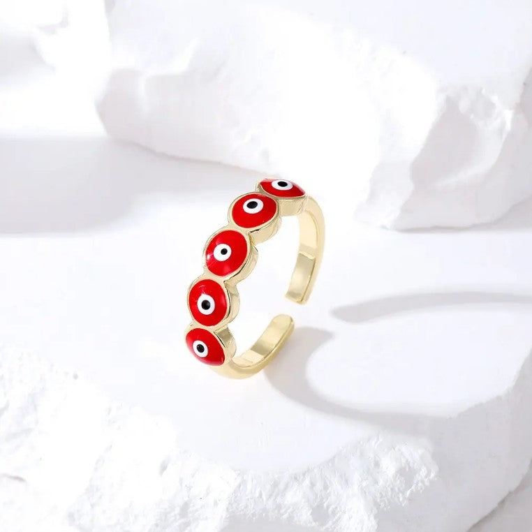 Gold Plated Red Enamel Evil Eye Bridge Ring