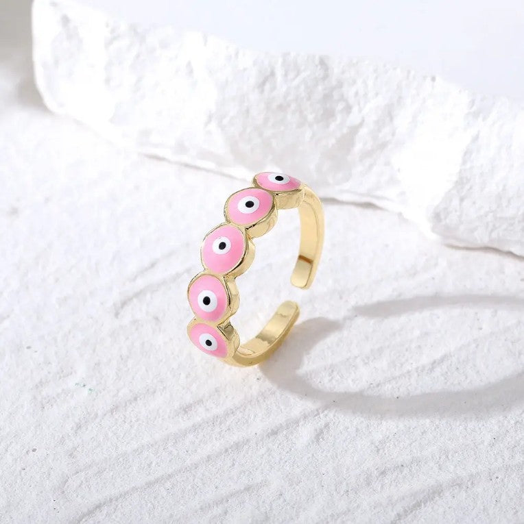 Gold Plated Pink Enamel Evil Eye Bridge Ring