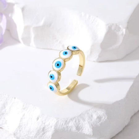 Gold Plated Light Blue Enamel Evil Eye Bridge Ring