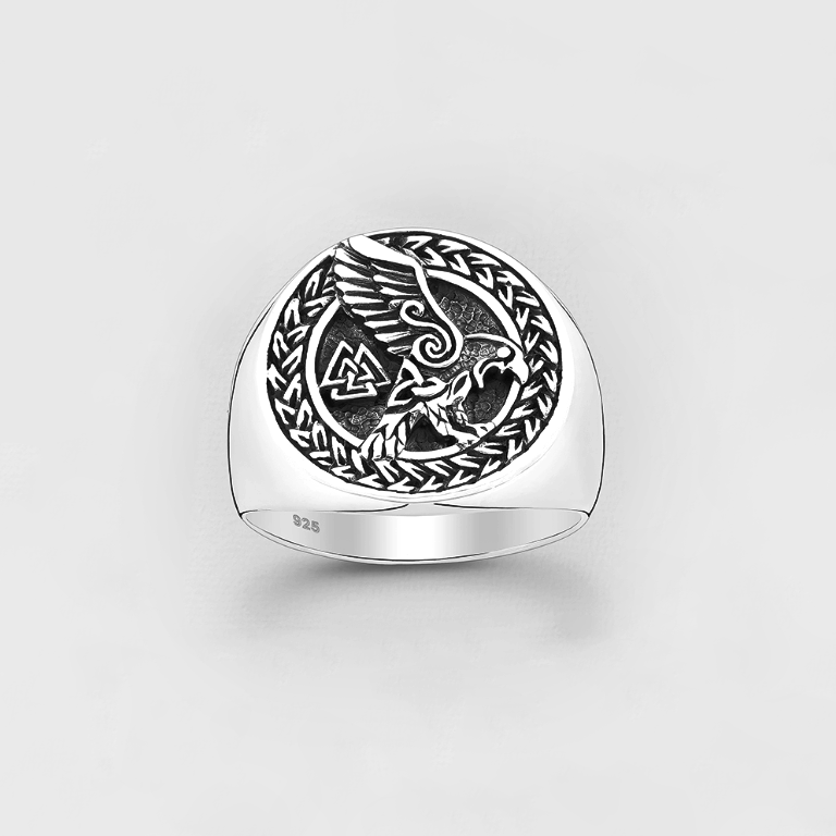 Sterling Silver Celtic Eagle and Valknut Signet Ring