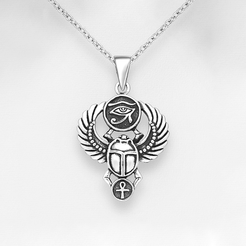 Sterling Silver Egyptian Revivalist Scarab and Eye of Ra Pendant