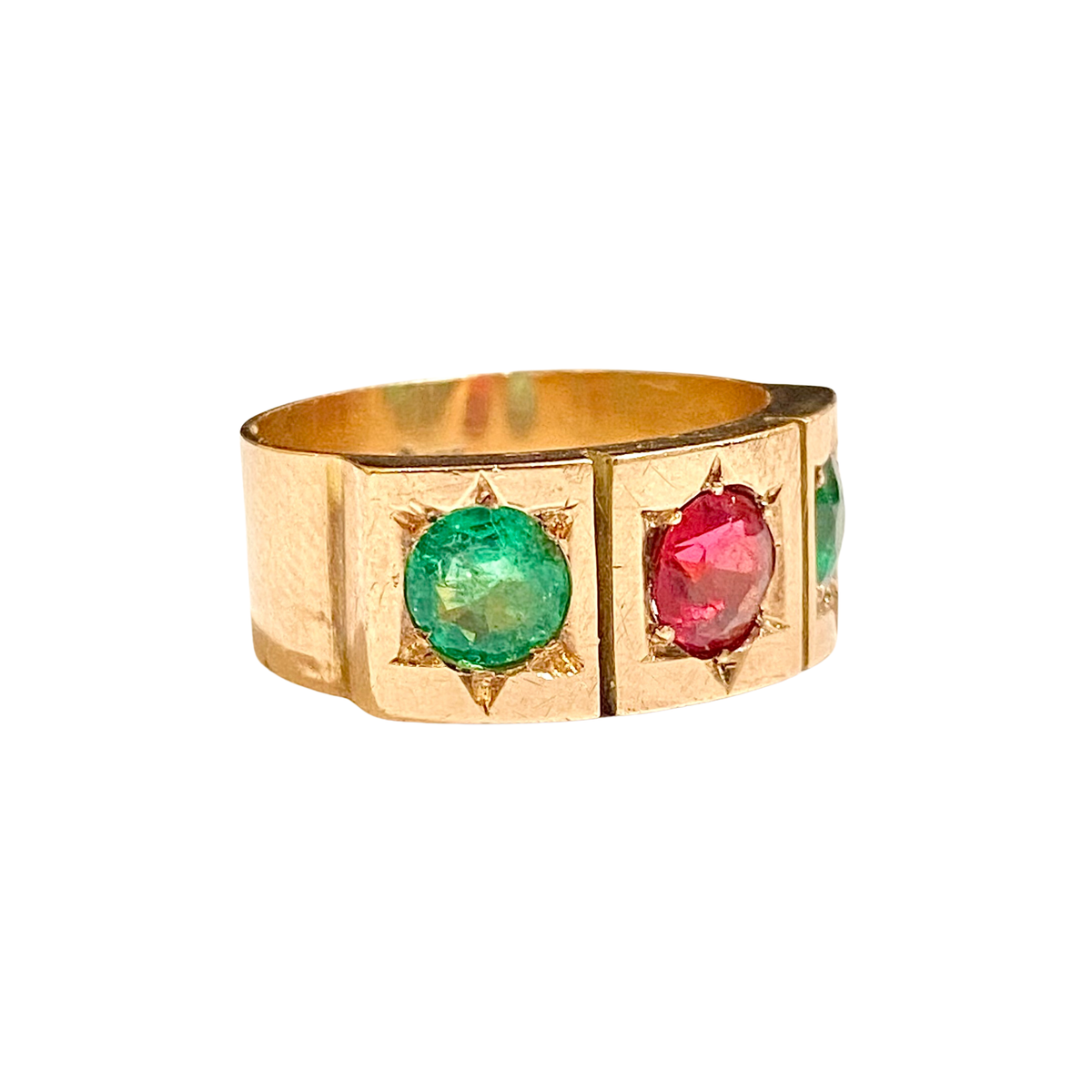 9ct Rose Gold Emerald and Pink Tourmaline Gypsy Band