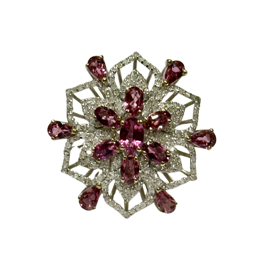 Sterling Silver Pink Tourmaline and Diamond Floral Dress Ring