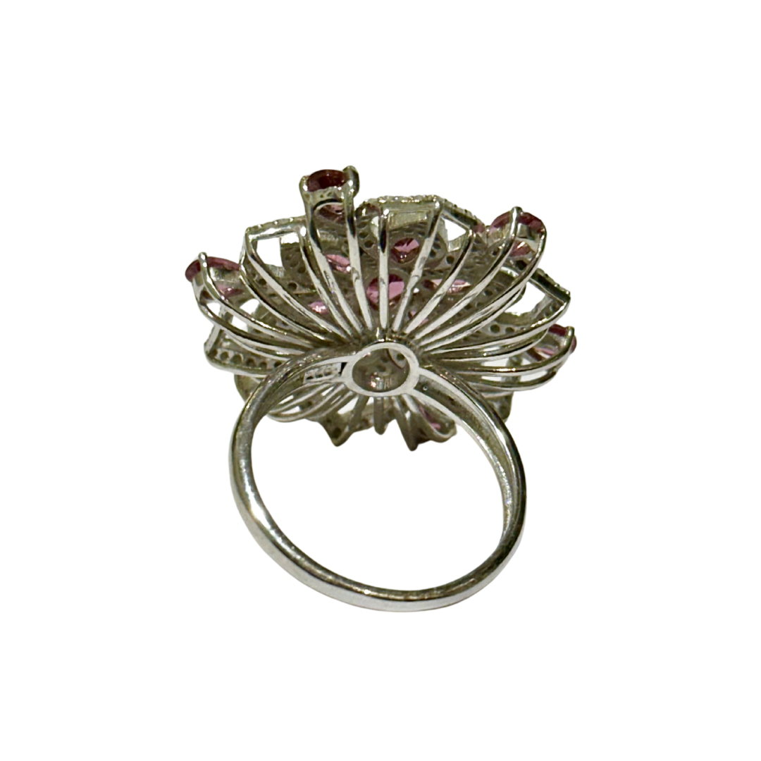 Sterling Silver Pink Tourmaline and Diamond Floral Dress Ring