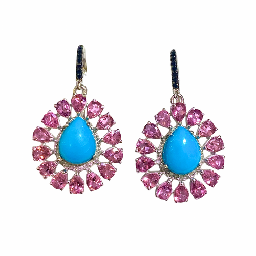 Sterling Silver Turquoise, Pink Tourmaline and Black Diamond Earrings