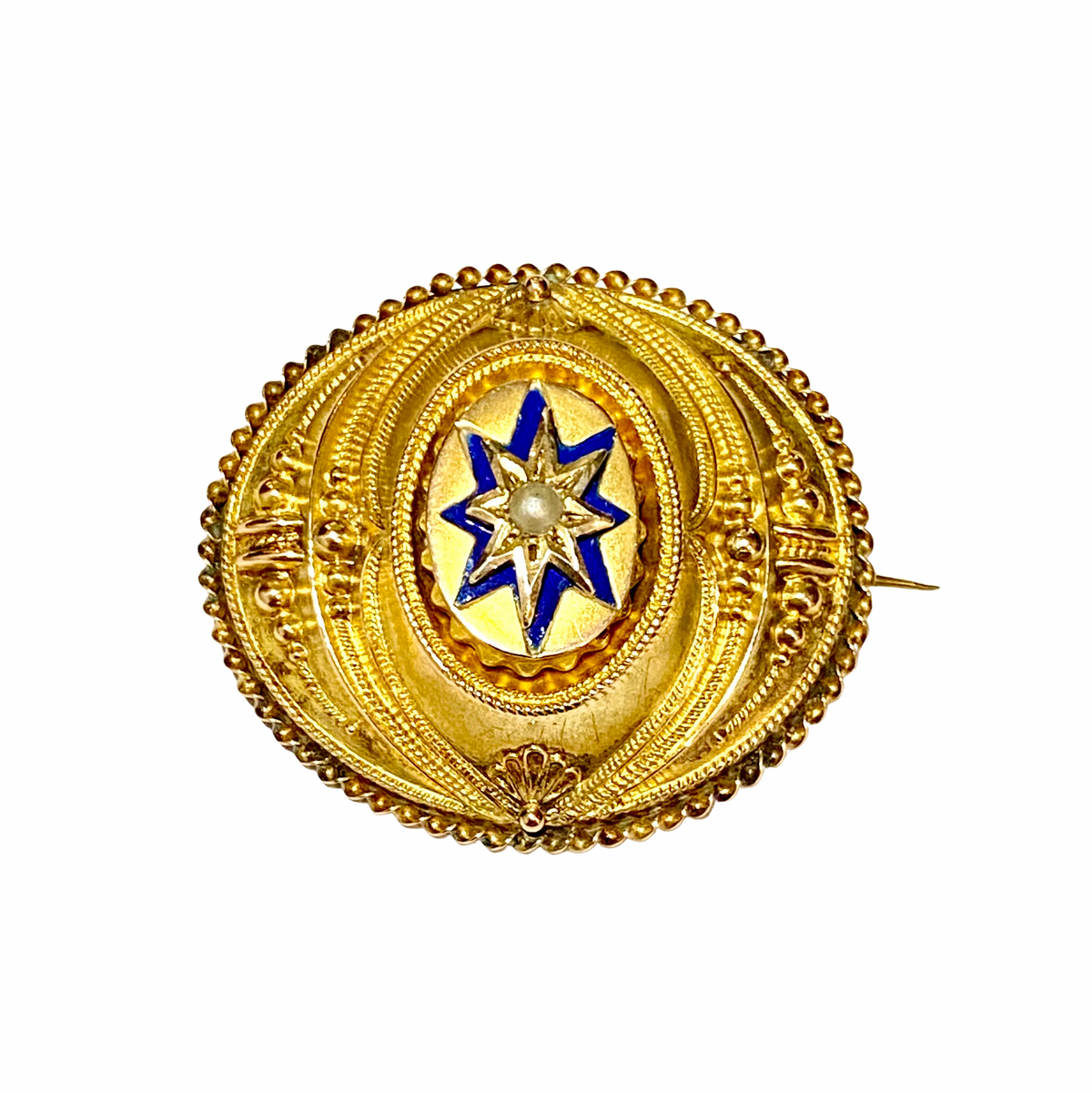 Antique 9ct Gold Seed Pearl and Blue Enamel Victorian Mourning Brooch