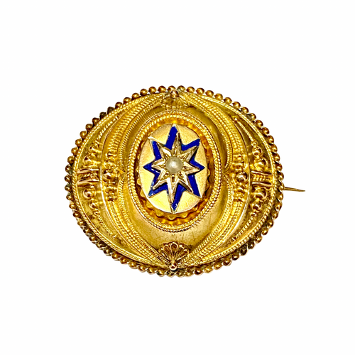 Antique 9ct Gold Seed Pearl and Blue Enamel Victorian Mourning Brooch