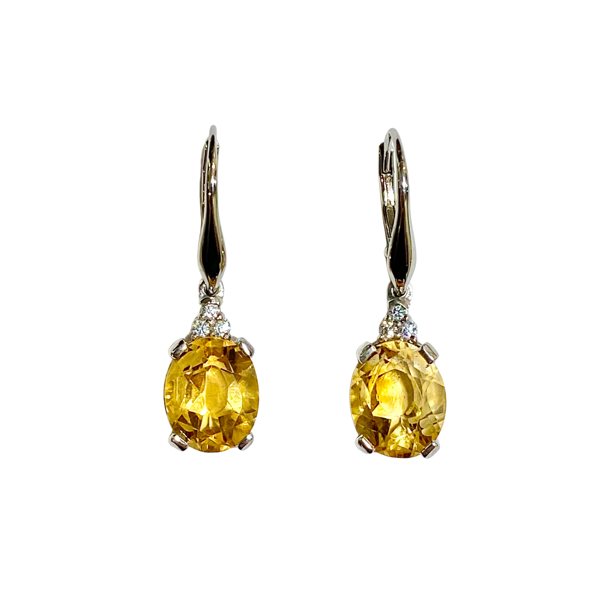 Sterling Silver Oval Citrine and CZ Drop Earrings