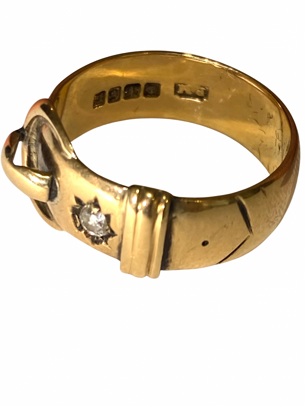 Antique 18 ct Yellow Gold Buckle Ring illusion set with a diamond