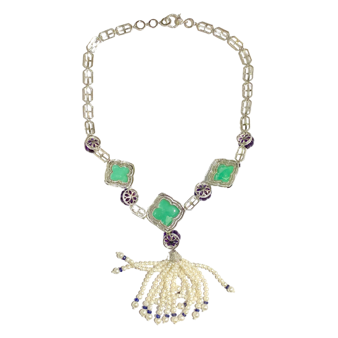 Amethyst, Chrysoprase, Seed Pearl and Diamond Tassel Necklace