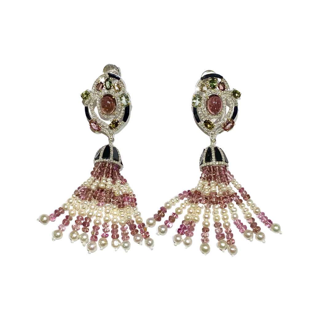 Black Onyx, Diamond, Seed Pearl and Pink Tourmaline Stud Drop Earrings