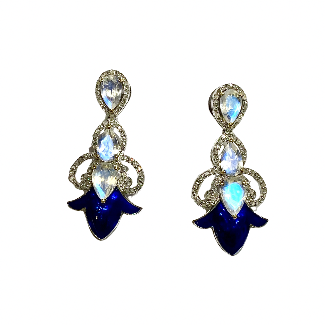 Moonstone, Diamond and Blue Enamel Stud Drop Earrings