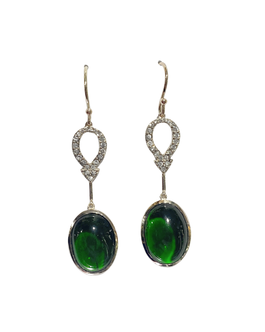 Cabochon Diopside with Diamonds Set 9ct White Gold Drop Earrings