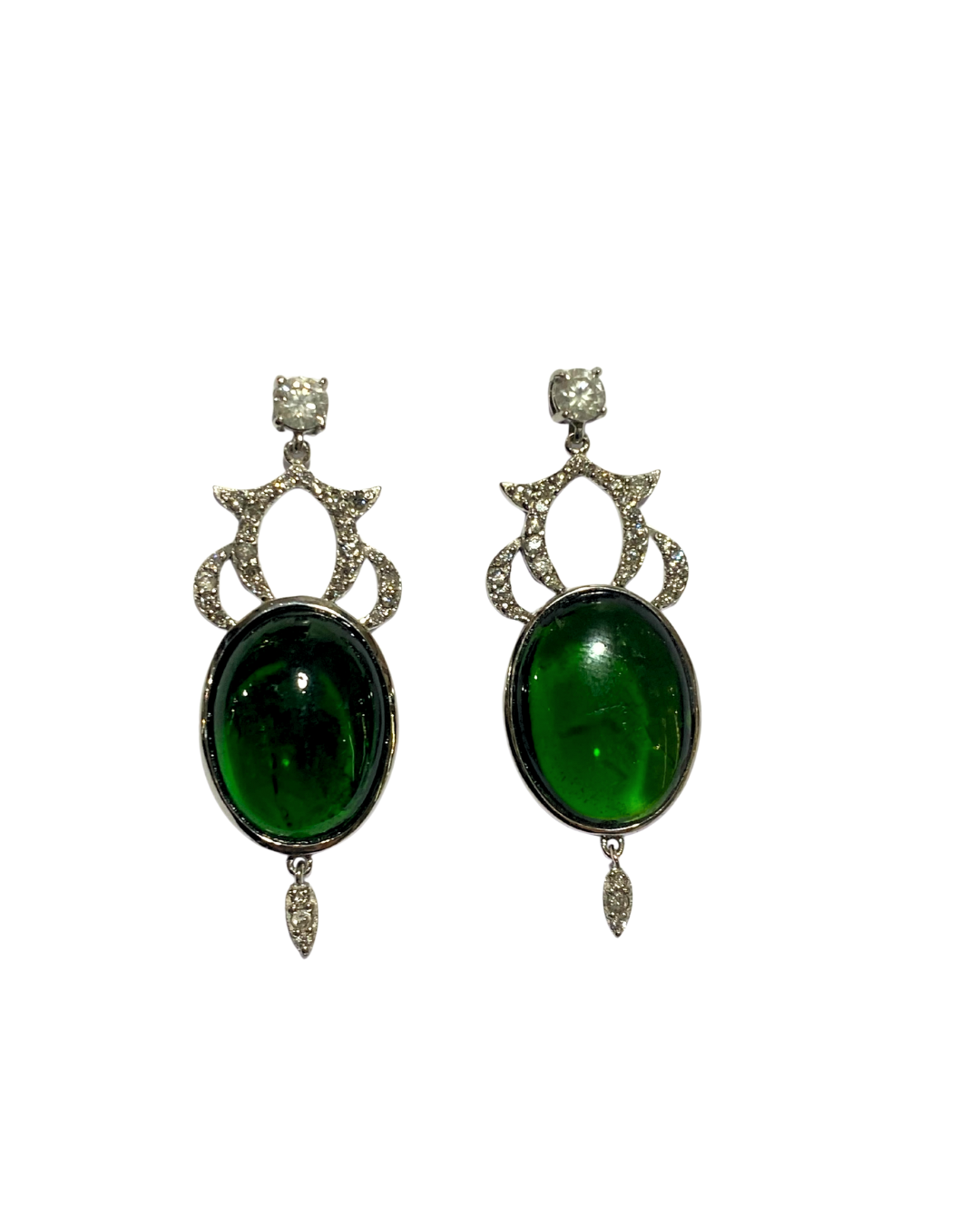 Cabochon Diopside with Diamonds Set 9ct White Gold Drop Earrings