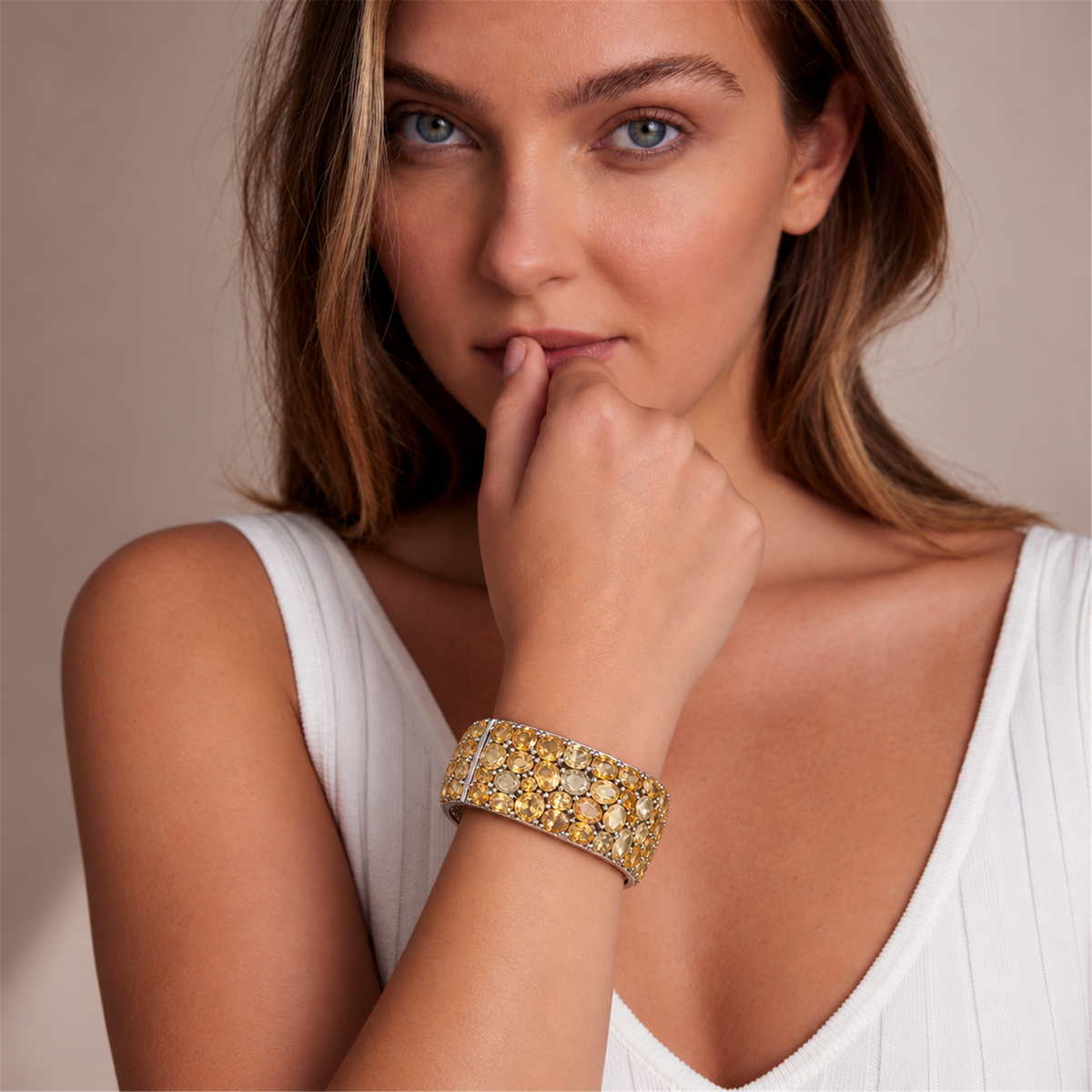 Sterling Silver Natural Yellow Topaz Hinged Bangle