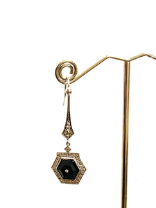 9ct White Gold Hexagonal Onyx and Diamond Drop Earrings
