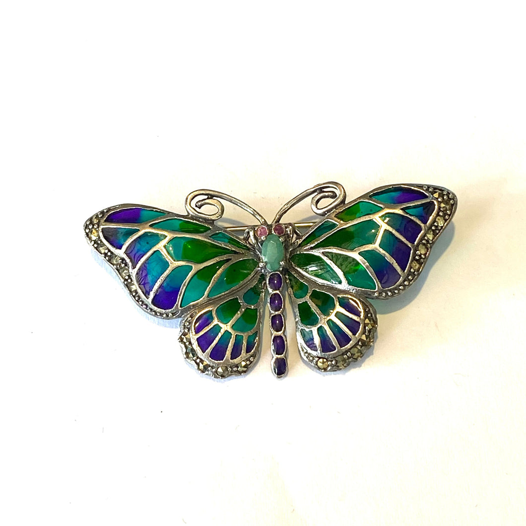 Sterling Silver Green and Blue Enamel Butterfly Brooch