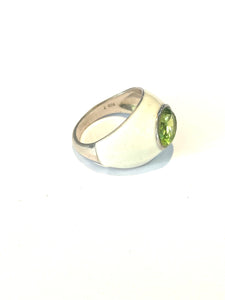 Sterling Silver White Enamel and Peridot Ring