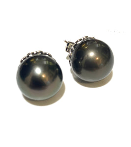 Sterling Silver 16mm Black Tahitian Pearl Earrings