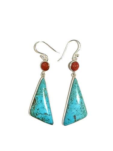 Sterling Silver, Turquoise and Coral Kite Shaped Drop Earrings