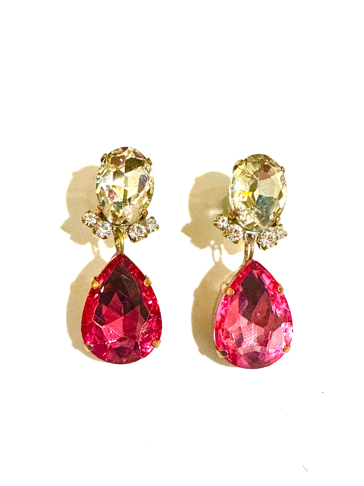 Czech Crystal White and Pink Clip On Earrings
