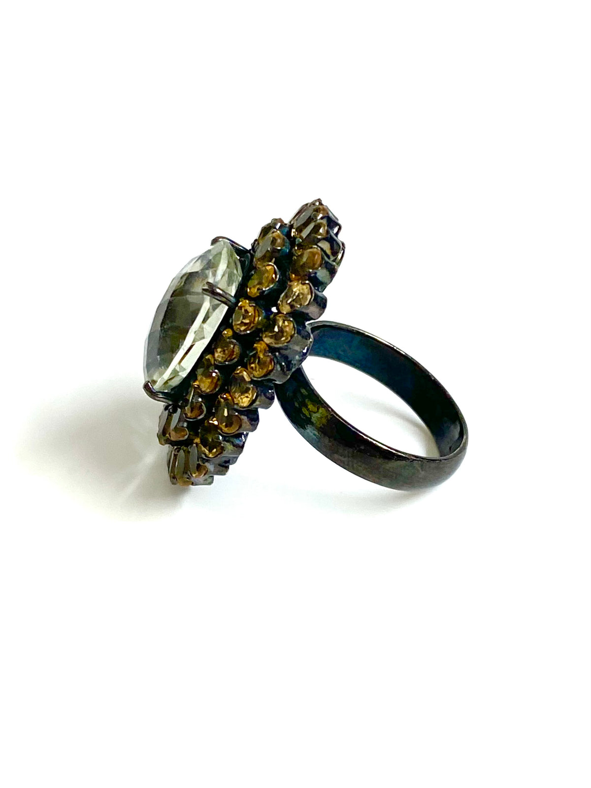 Sterling Silver Black Rhodium Plate Citrine and Rock Crystal Ring