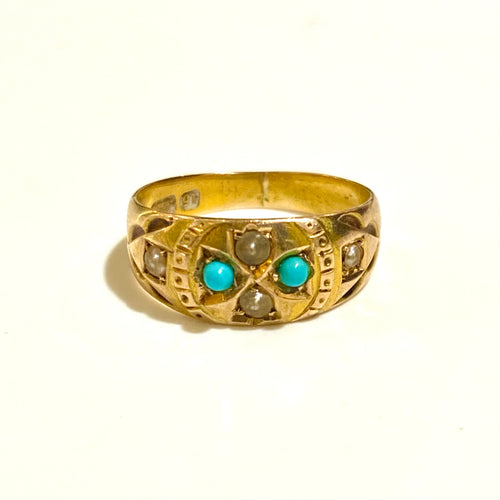 Antique 15ct Yellow Gold Turquoise and Seed Pearl Ring