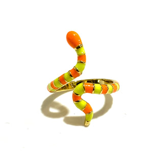 Yellow and Orange Enamel and Brass Snake Ring