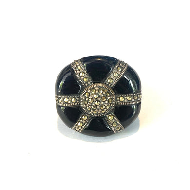 Sterling Silver Round Black Onyx and Marcasite Ring