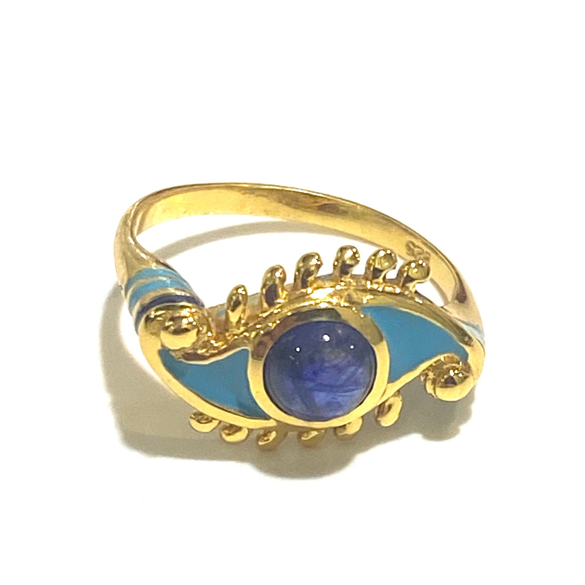 Blue Enamel, Gemstone and Sterling Silver Brass Evil Eye Ring