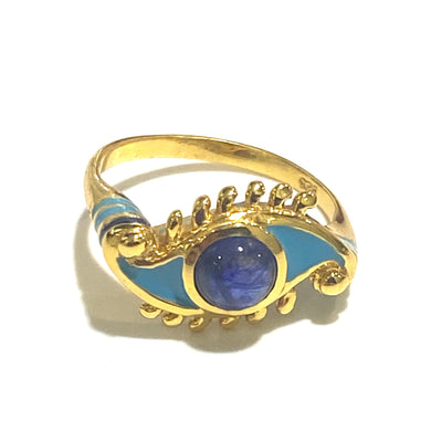 Blue Enamel, Gemstone and Sterling Silver Brass Evil Eye Ring