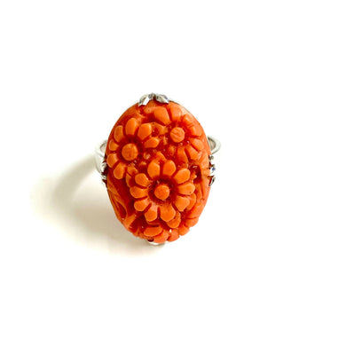 9ct White Gold Carved Coral Ring Flower Dress Ring