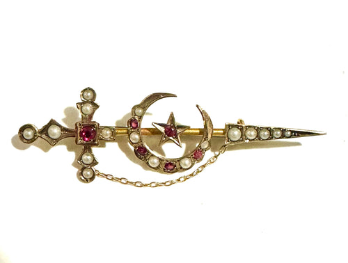 9 ct Gold Antique Ruby and Sea Pearl Victorian Pin