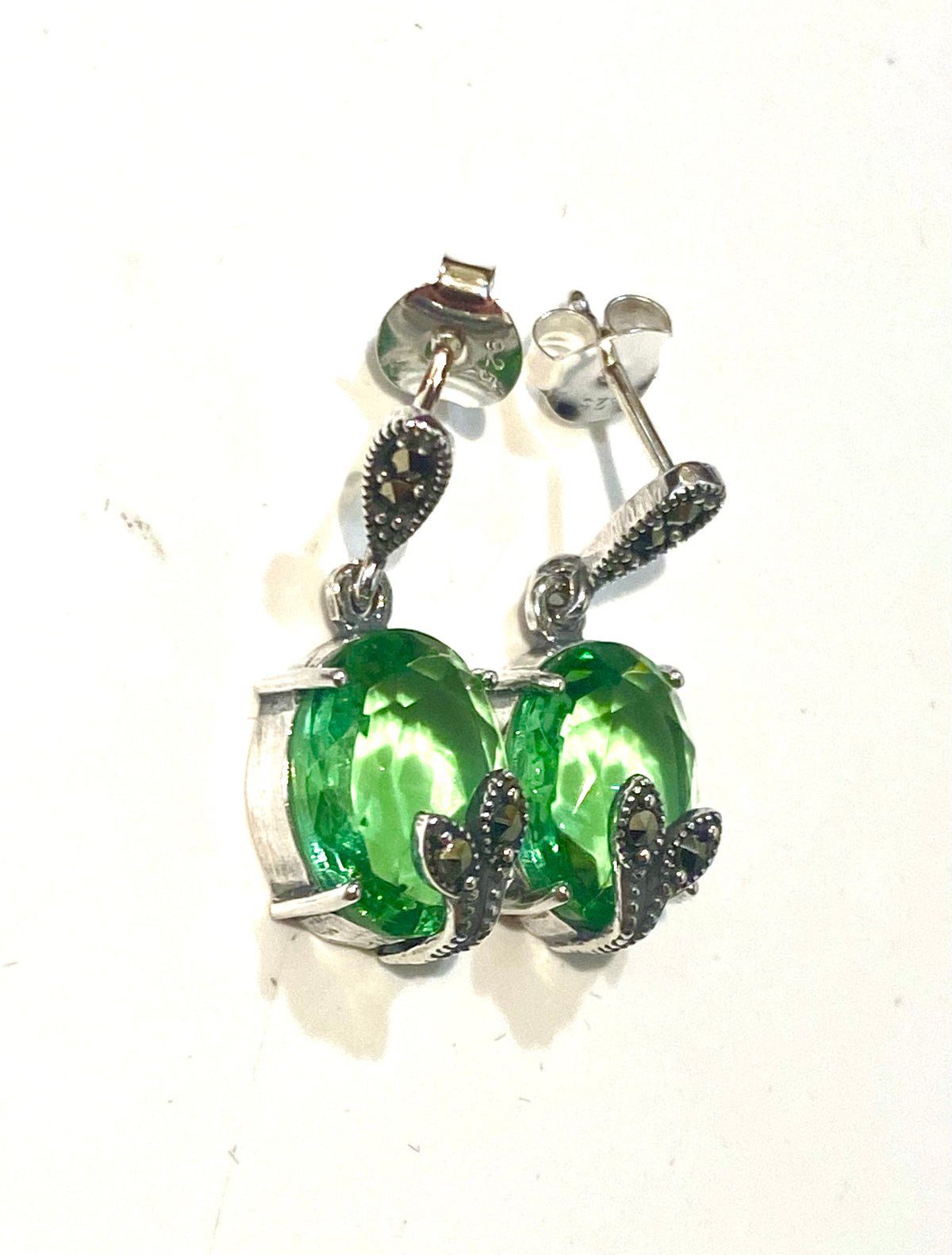 Sterling Silver Green Crystal Marcasite Stud Drop Earrings