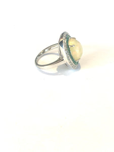 9ct White Gold Opal, Diamond and Emerald Ring