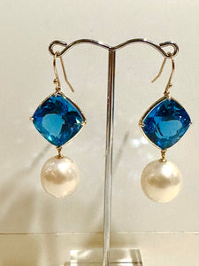 9ct White Gold London Blue Topaz and South Sea Pearl Drop Earrings