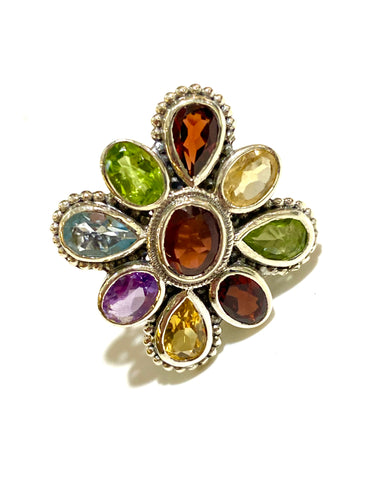 Multi-Gemstone Flower Sterling Silver Ring