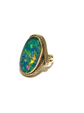 9ct Gold Black Opal Doublet Ring with Red Flashes