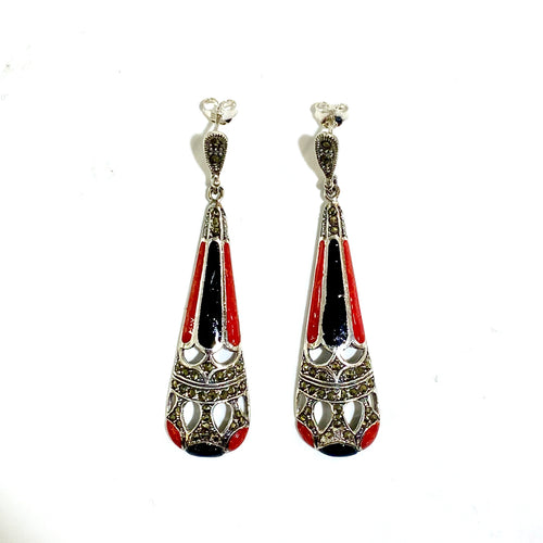 Sterling Silver Marcasite and Enamel Drop Earrings