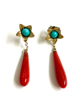 9ct Yellow Gold Momo Coral and Turquoise Drop Earrings